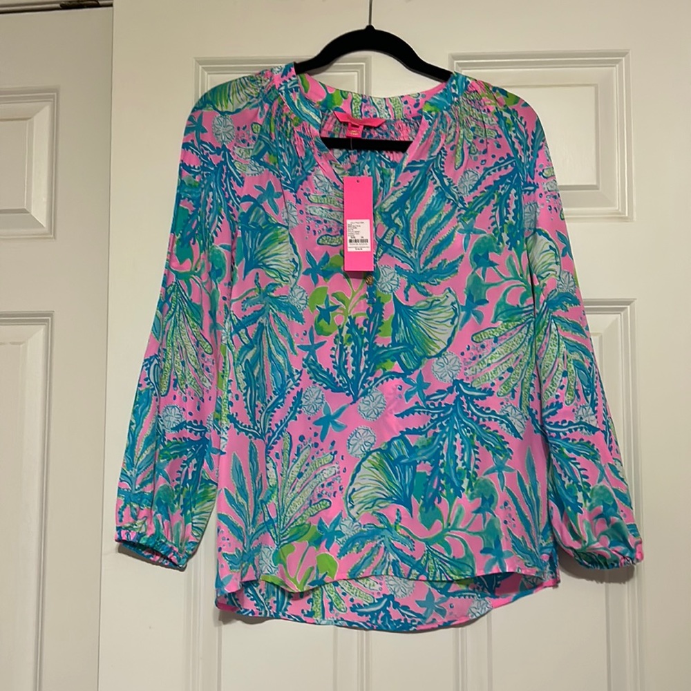 Women's Lilly Pulitzer Pink Blue Hip Nautic Silk Elsa Tunic Top Size XS